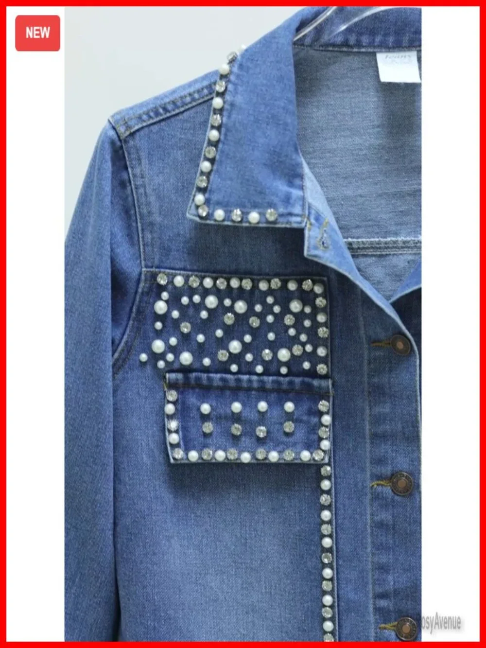 Pearls Denim Jacket Cropped Rhinestones Jean Blazer Coat